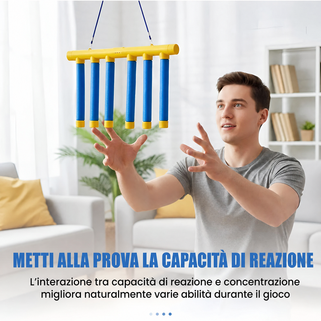 Gioco di riflessi per bambini, trainer di reazione con bastoncini cadenti, sfida a caduta