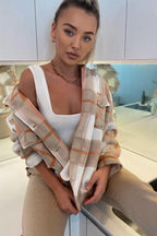 Giacca a quadretti oversize da donna | Giacca-camicia beige per strati, abbigliamento casual e abiti autunnali