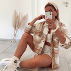 Giacca a quadretti oversize da donna | Giacca-camicia beige per strati, abbigliamento casual e abiti autunnali