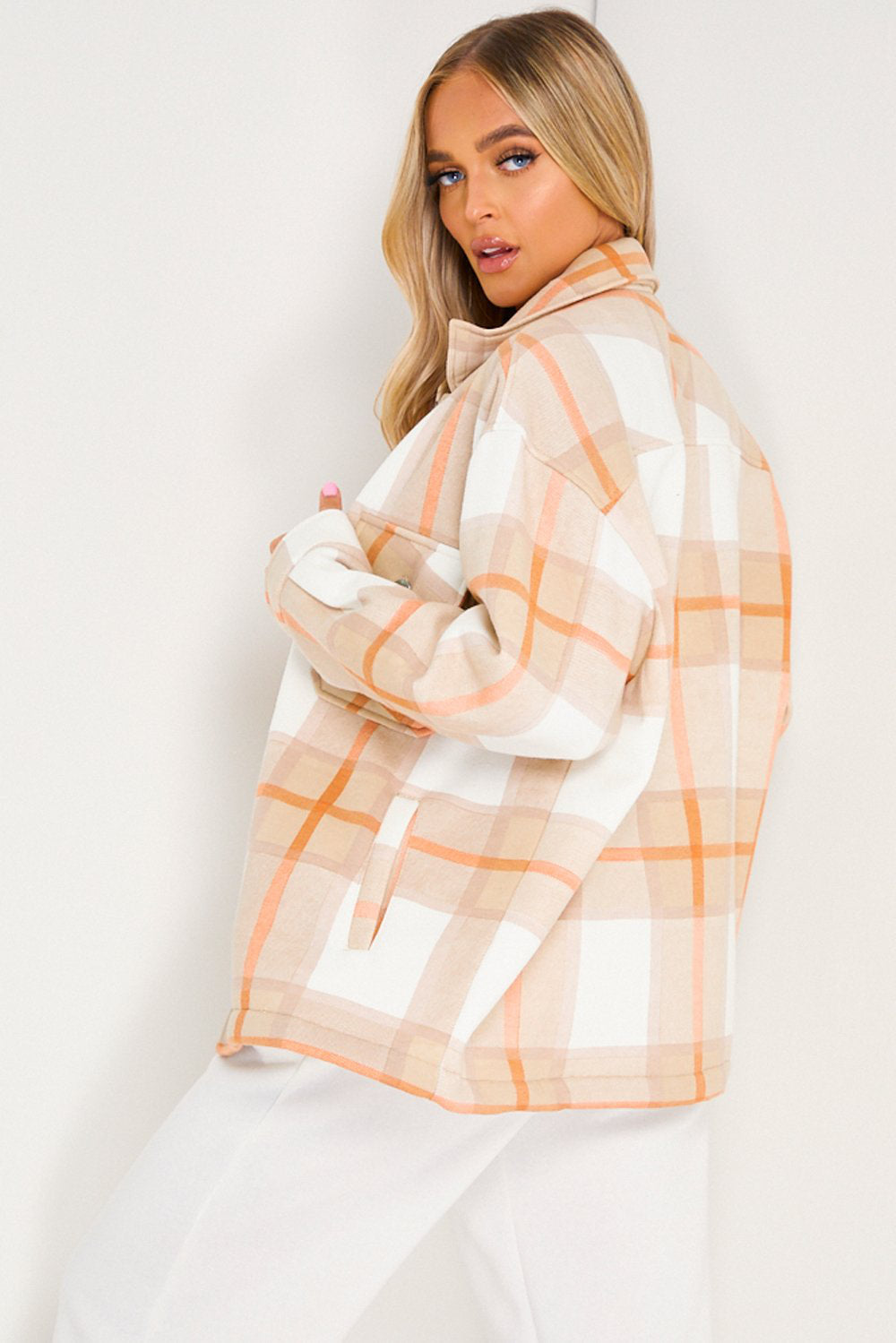 Giacca a quadretti oversize da donna | Giacca-camicia beige per strati, abbigliamento casual e abiti autunnali