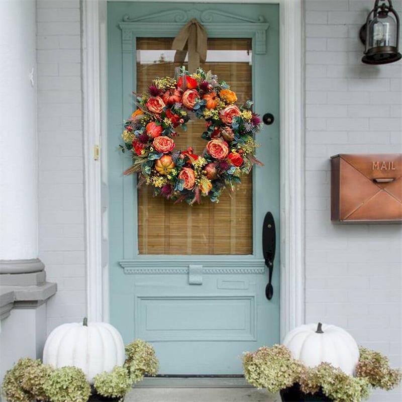 Ghirlanda per porta autunnale | Design rustico con peonia e zucca | Decorazione autunnale artigianale