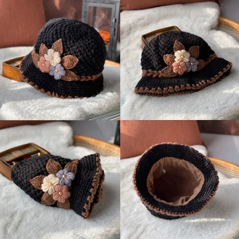 Cappello di lana lavorato a maglia a fiori spesso francese da donna