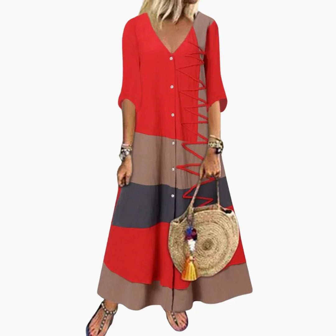 Abito lungo in maglia da donna: scollo a V, spalline laterali