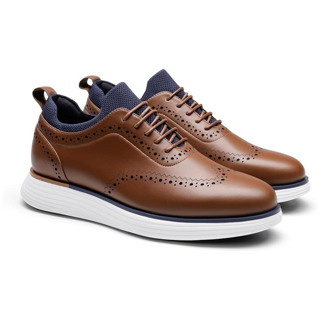 Scarpe Stringate Uomo Brogue Pelle Marrone con Inserti Maglia Blu e Suola Bianca Alta