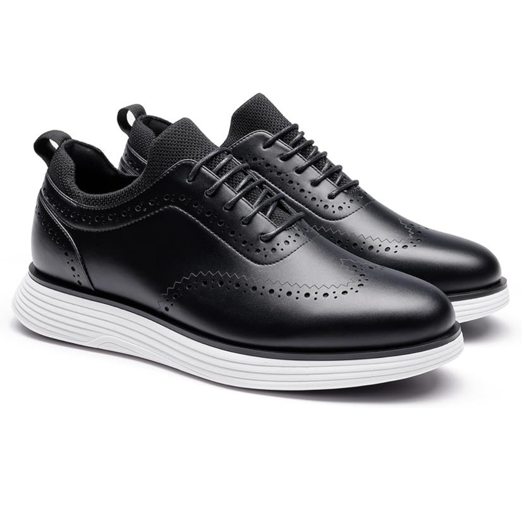 Scarpe Stringate Uomo Pelle Nera Brogue con Inserti Tessuto e Suola Bianca Alta