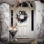 Ghirlanda per porta di Halloween con scheletro e zucca | Decorazione stagionale atmosferica