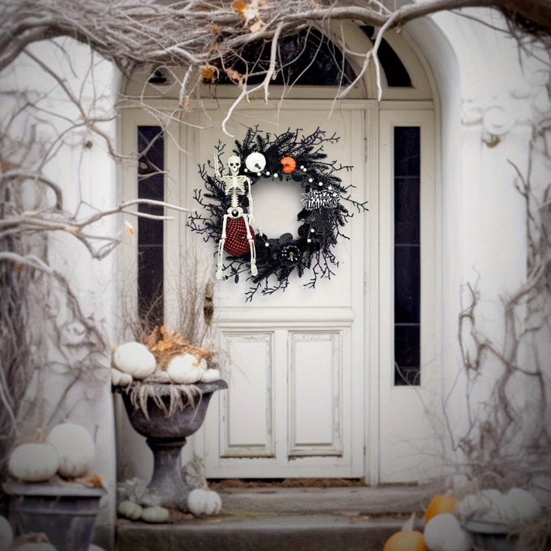 Ghirlanda per porta di Halloween con scheletro e zucca | Decorazione stagionale atmosferica