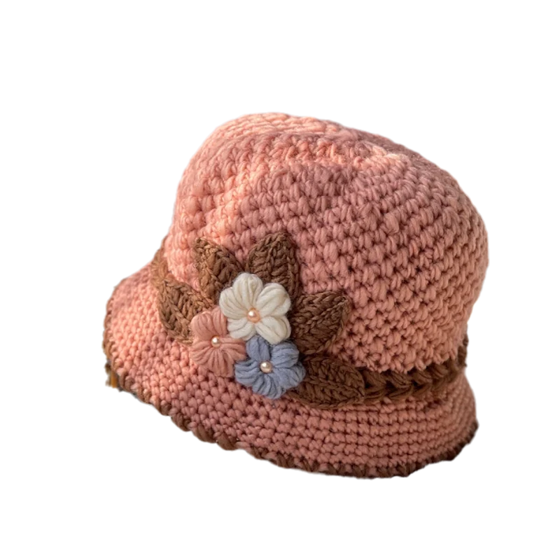 Cappello di lana lavorato a maglia a fiori spesso francese da donna