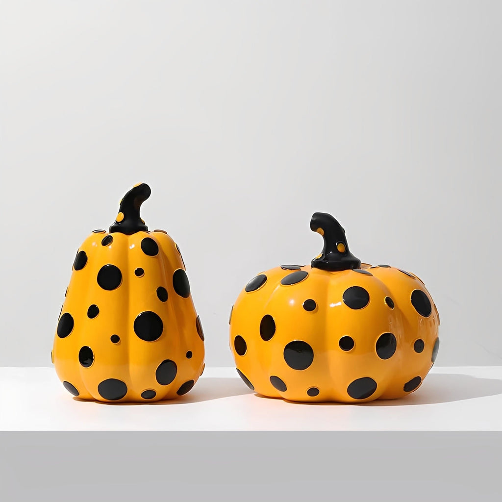 Decorazione di zucca in resina a pois | Set di ornamenti autunnali lucidi | Finitura scolpita durevole | Fascino di zucca