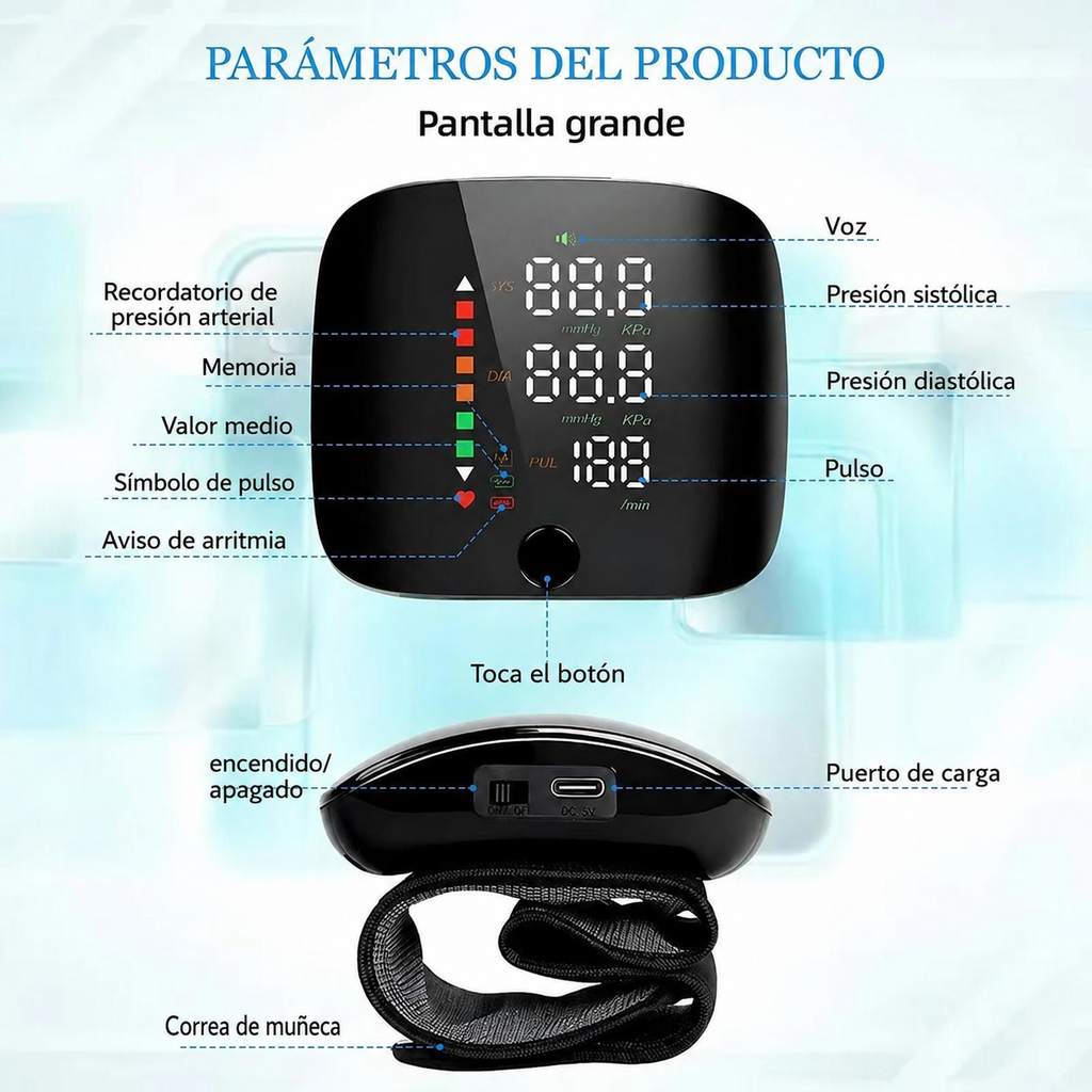 Misuratore di pressione da polso digitale con avvisi vocali e display LCD