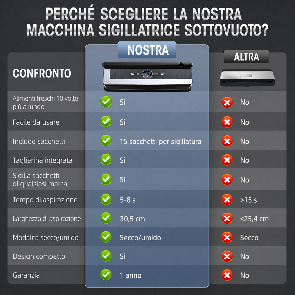 Sigillatrice Sottovuoto Professionale 8-in-1 | Taglierina di Precisione Integrata | Modalità per Alimenti Secchi e Umidi