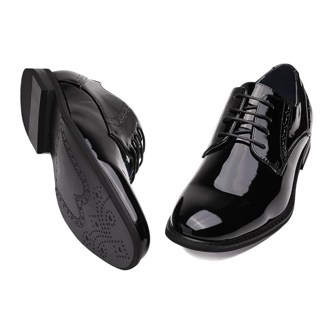 Scarpe Stringate Uomo Vernice Nera Lucida Oxford con Dettagli Traforati