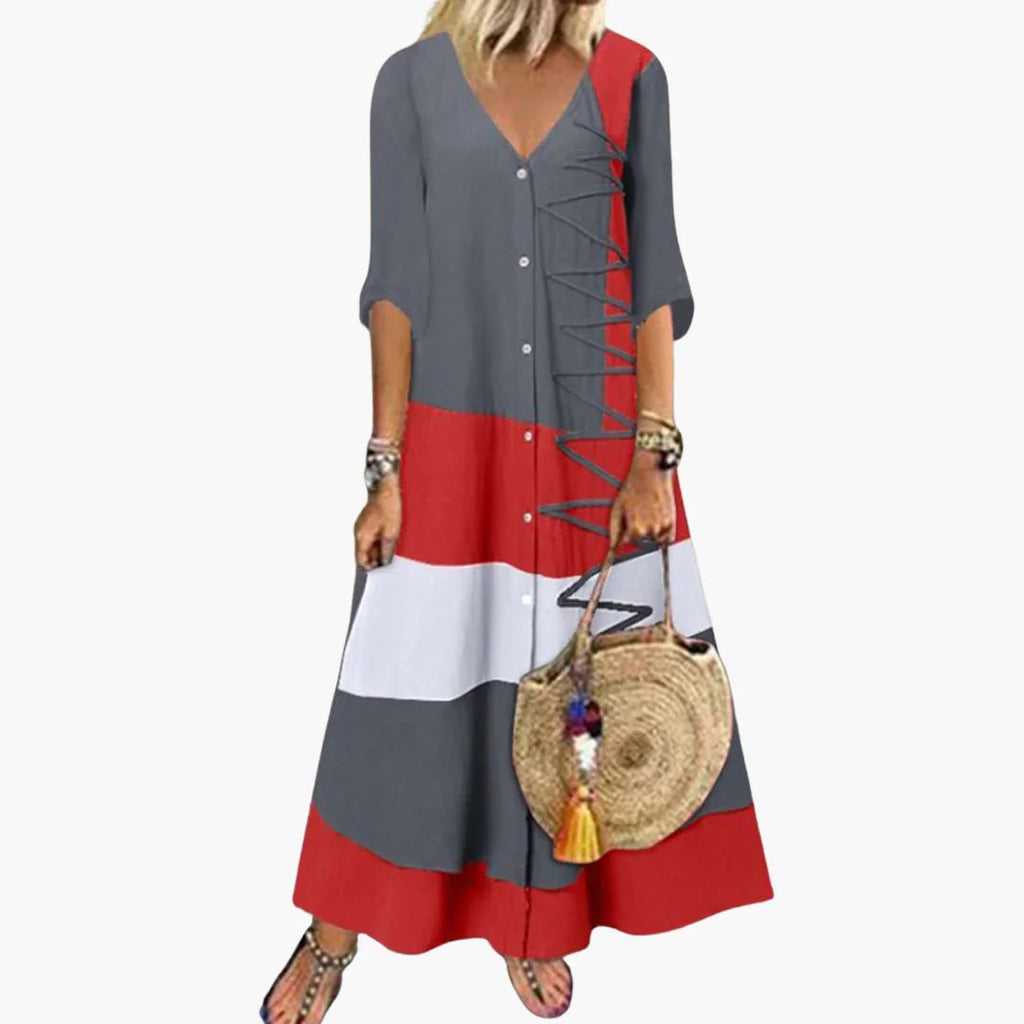 Abito lungo in maglia da donna: scollo a V, spalline laterali