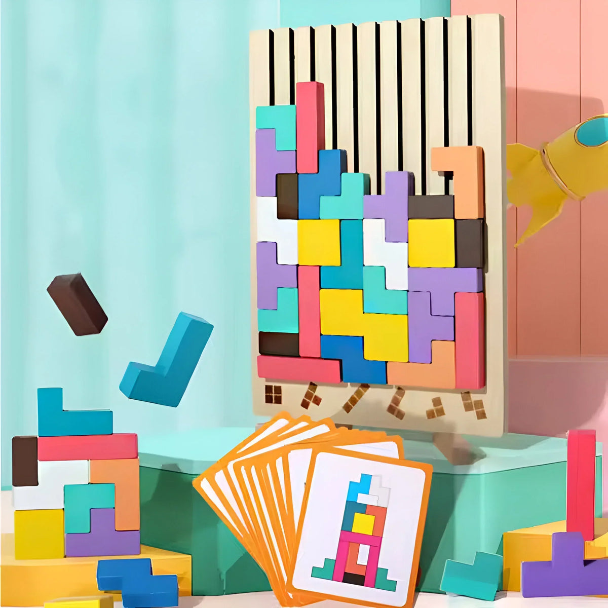 Puzzle impilabile Tetris in legno con carte sfida