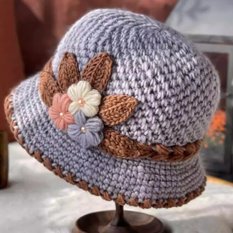 Cappello di lana lavorato a maglia a fiori spesso francese da donna