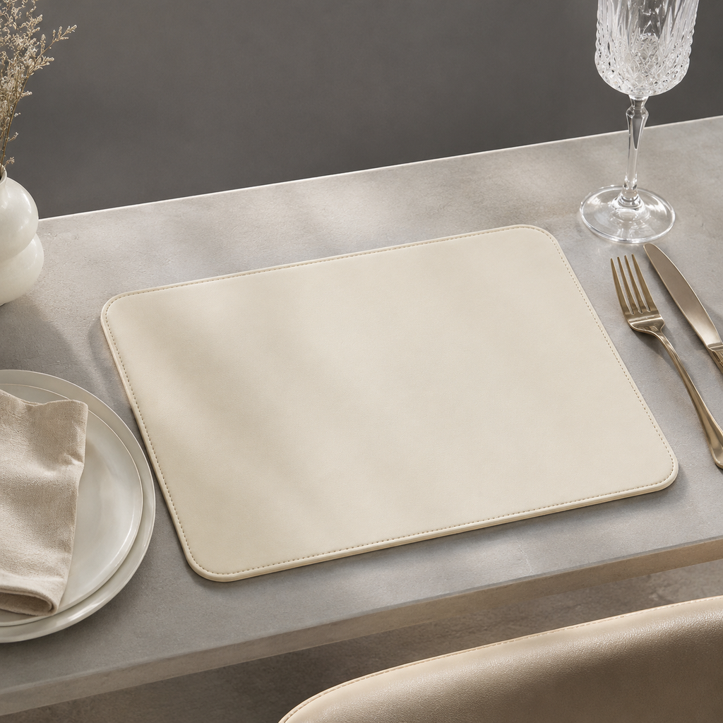Dettaglio del bordo del tappetino da scrivania beige