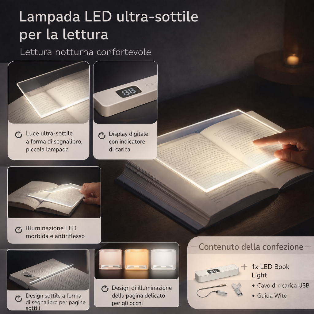 Lampada da Lettura LED Ultra Sottile Ricaricabile USB