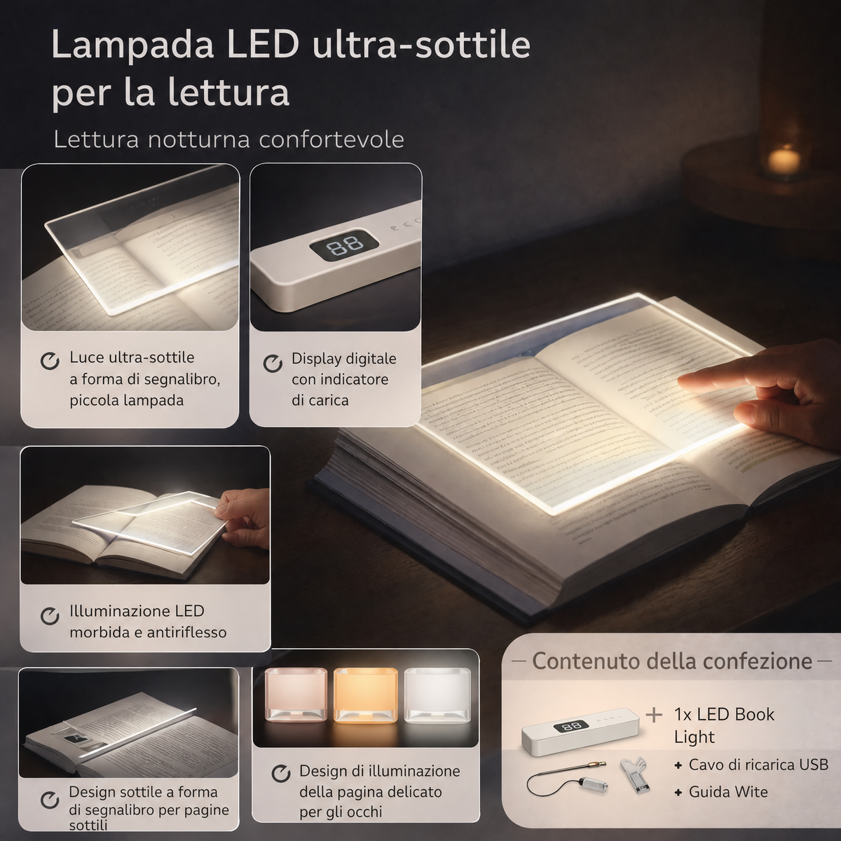 Lampada da Lettura LED Ultra Sottile Ricaricabile USB