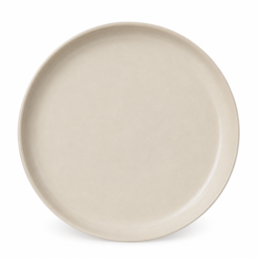 Piatto rotondo in ceramica beige visto dall'alto