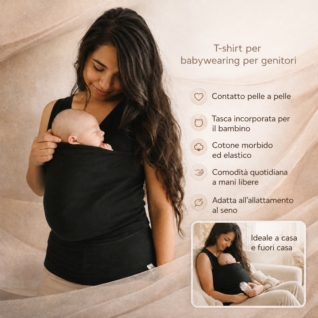 T-shirt per babywearing con marsupio integrato per il neonato e cotone elasticizzato, lavabile in lavatrice