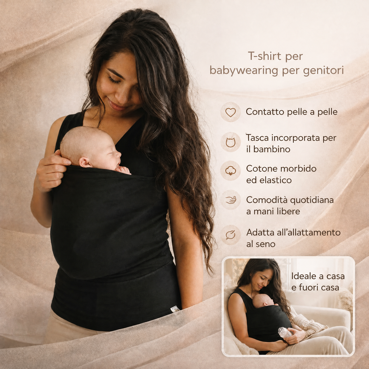 T-shirt per babywearing con marsupio integrato per il neonato e cotone elasticizzato, lavabile in lavatrice