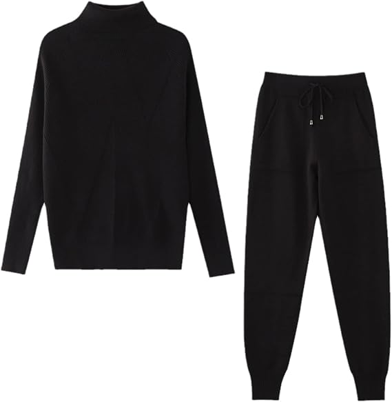 Tuta da donna lavorata a maglia con maglione a collo alto e pantaloni con coulisse