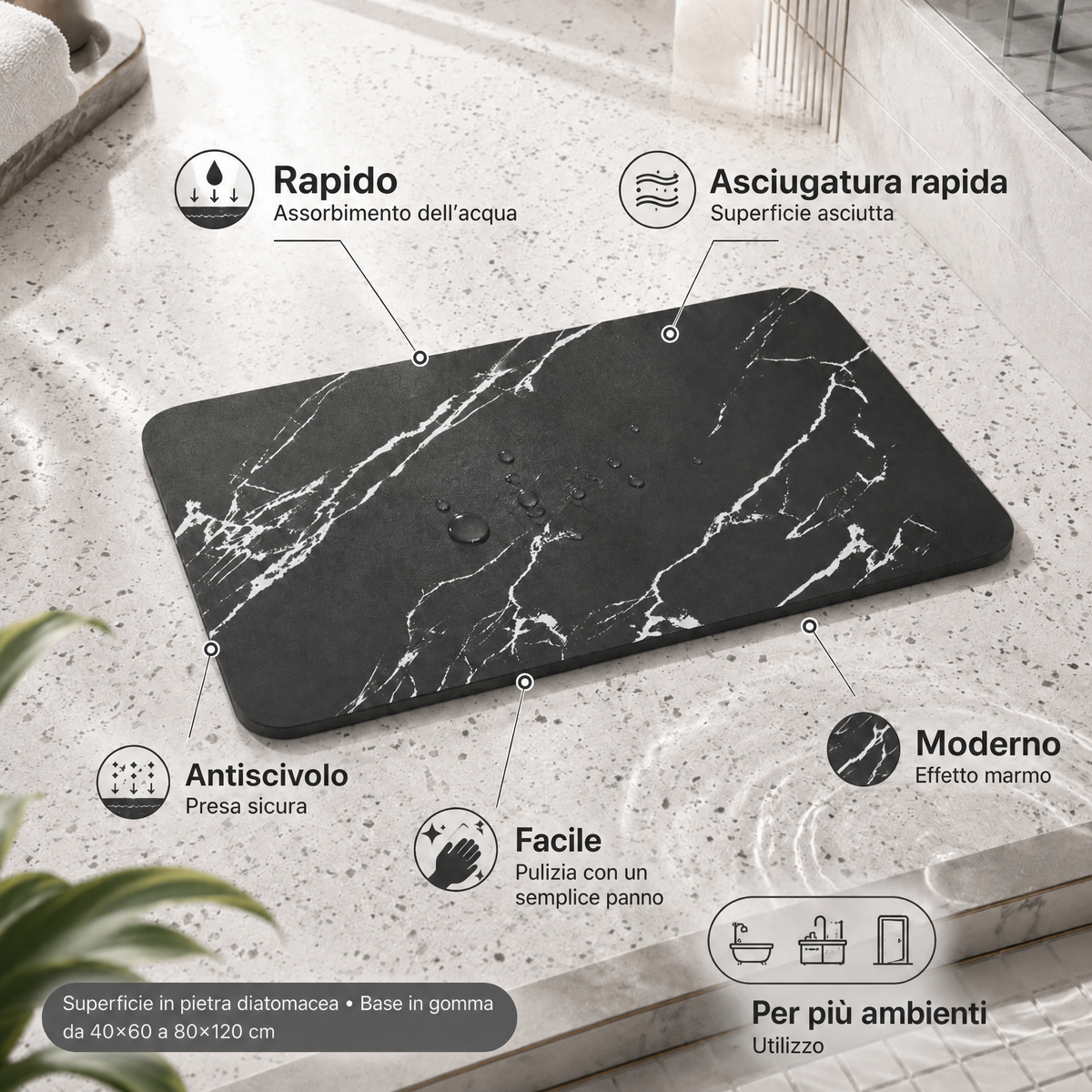 Tappetino da bagno ad asciugatura rapida in pietra diatomacea antiscivolo effetto marmo