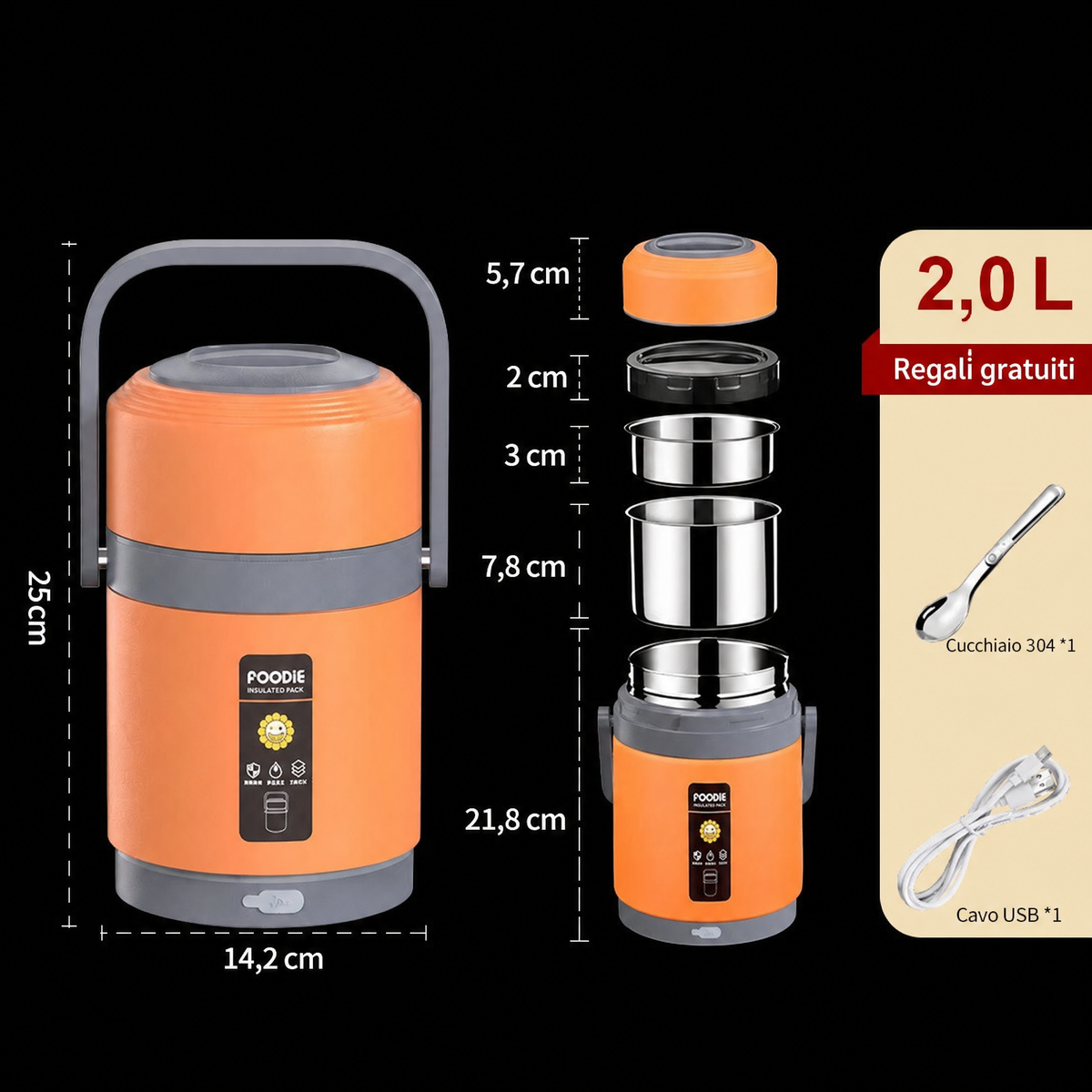 Lunch Box Riscaldabile USB | Acciaio inox 304, Scaldavivande portatile