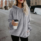 Felpa con cappuccio da donna morbida e rilassata - Pullover mezza zip, pile