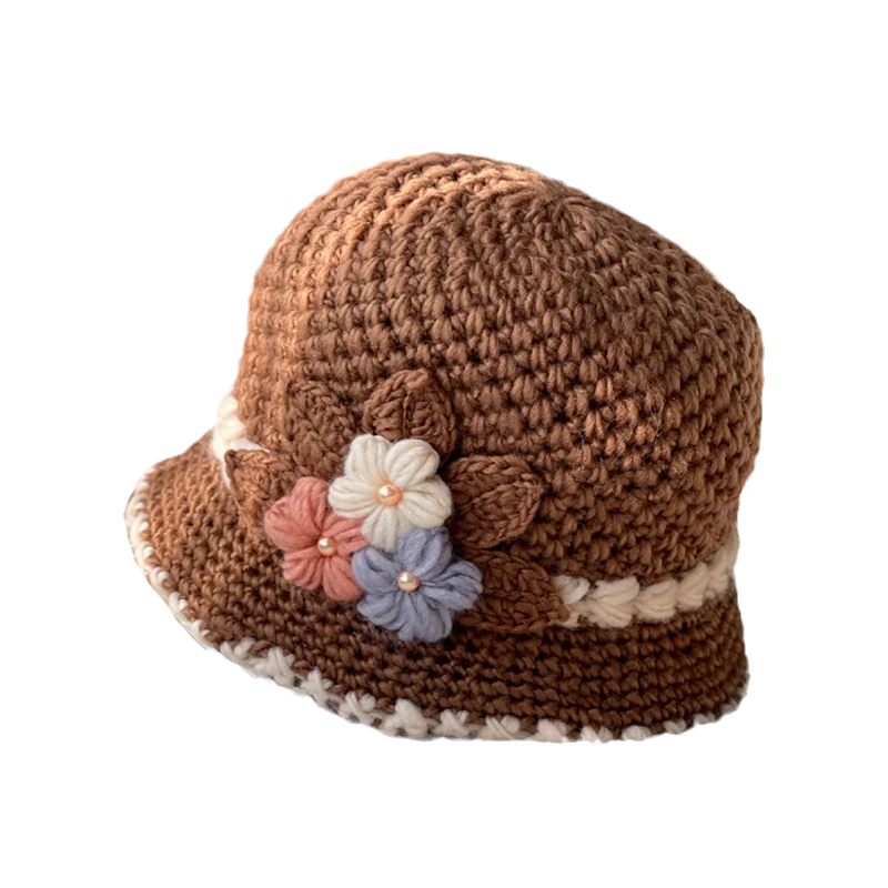 Cappello di lana lavorato a maglia a fiori spesso francese da donna