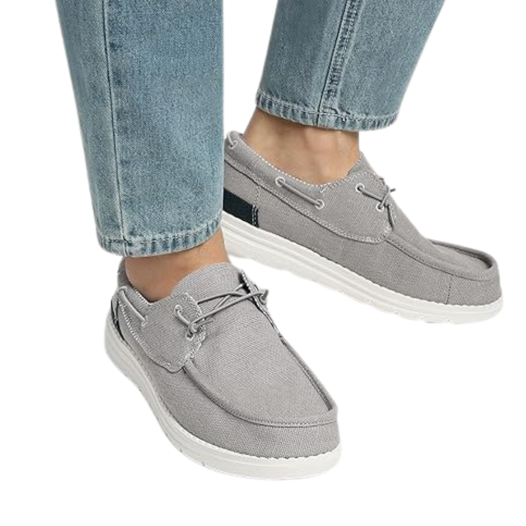Mocassini Uomo da Barca in Tela Grigio Chiaro con Lacci