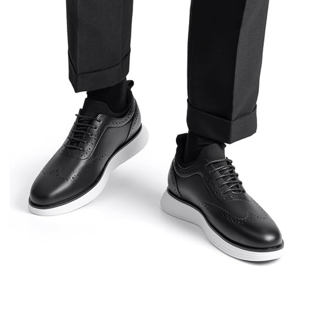 Scarpe Stringate Uomo Pelle Nera Brogue con Inserti Tessuto e Suola Bianca Alta