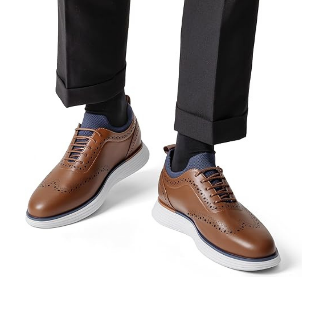 Scarpe Stringate Uomo Brogue Pelle Marrone con Inserti Maglia Blu e Suola Bianca Alta