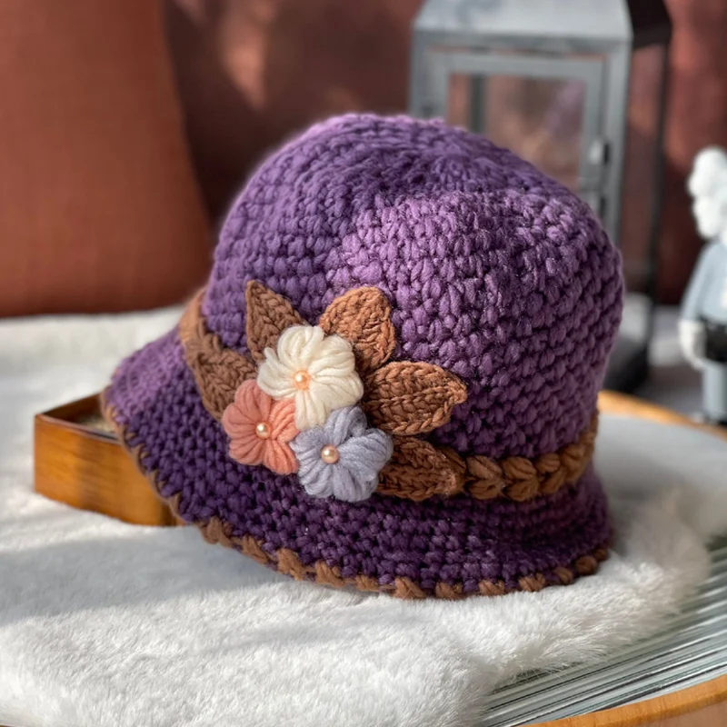 Cappello di lana lavorato a maglia a fiori spesso francese da donna