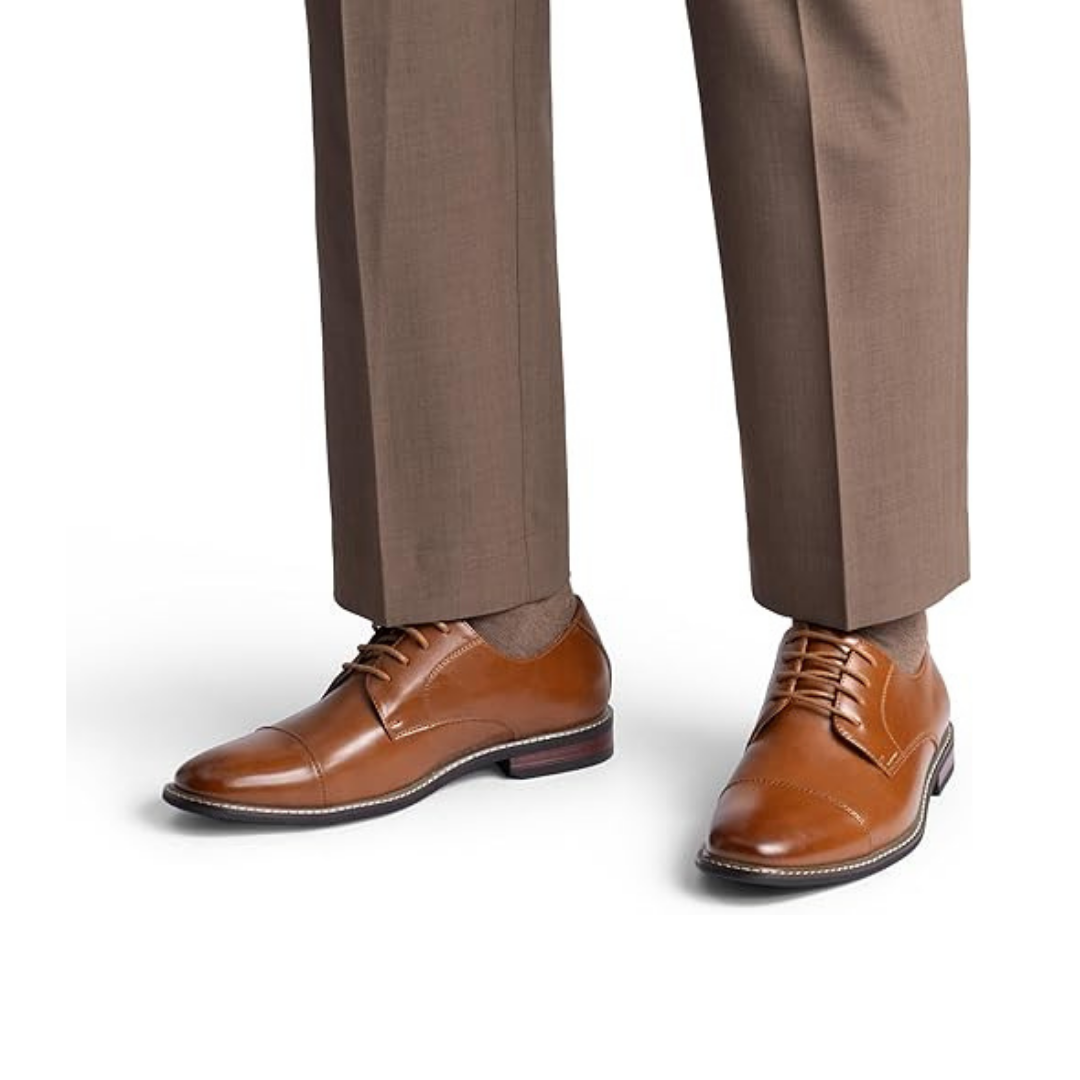 Scarpe Stringate Uomo Pelle Marrone Oxford con Punta Cappuccio