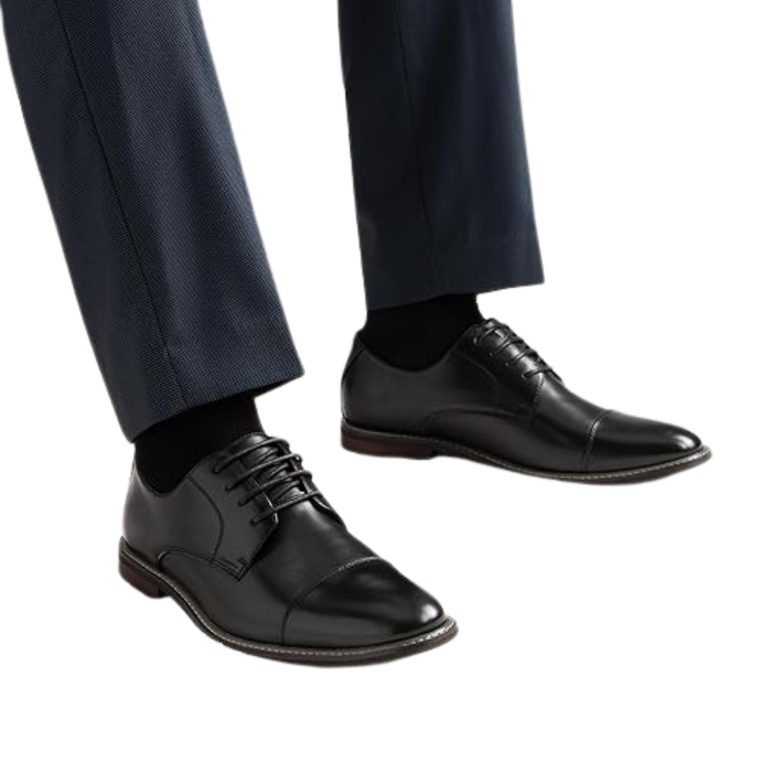 Scarpe Stringate Uomo Pelle Nera Oxford con Punta Cappuccio e Suola Bassa