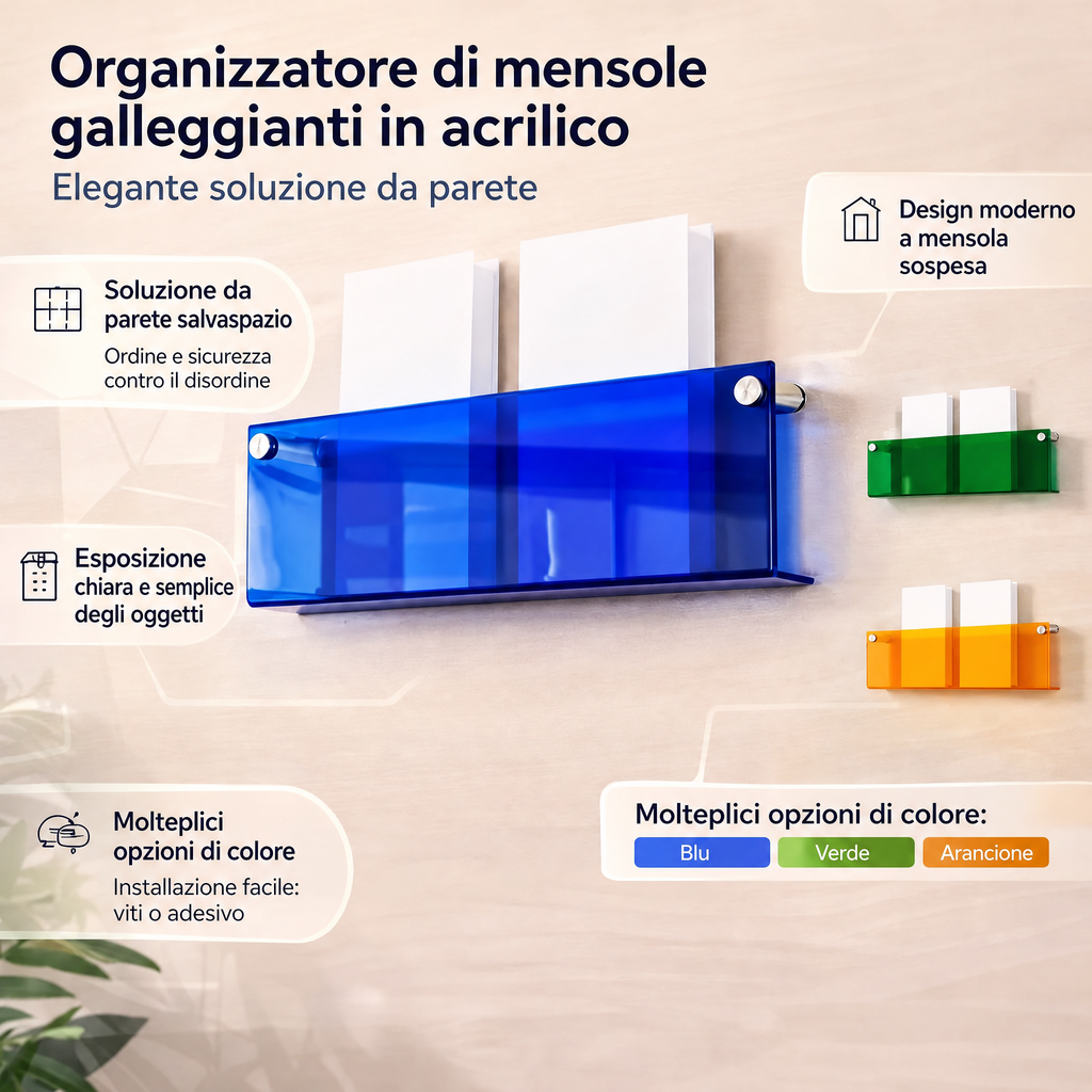 Mensola da Parete in Acrilico per Esposizione Riviste e Organizer