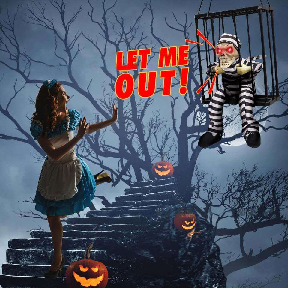 Gruseliger Gefangener in Käfig | Bewegliche Halloween-Deko
