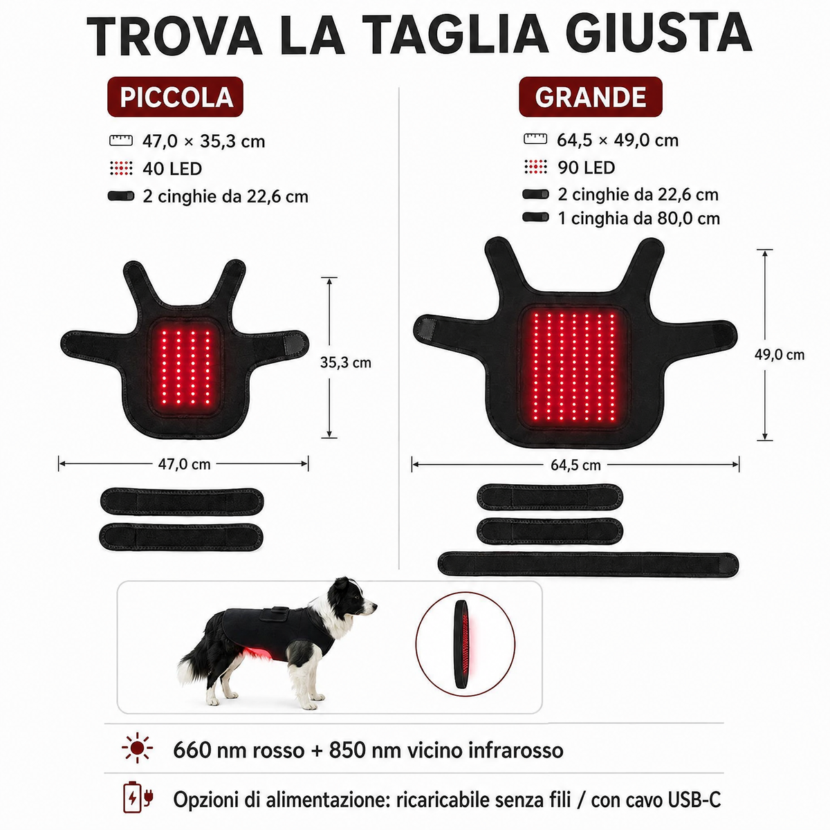 Pettorina a luce rossa per cani e gatti – 660nm + 850nm vicino infrarosso per comfort di schiena, anche, articolazioni e