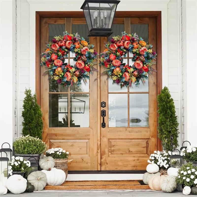 Ghirlanda per porta autunnale | Design rustico con peonia e zucca | Decorazione autunnale artigianale