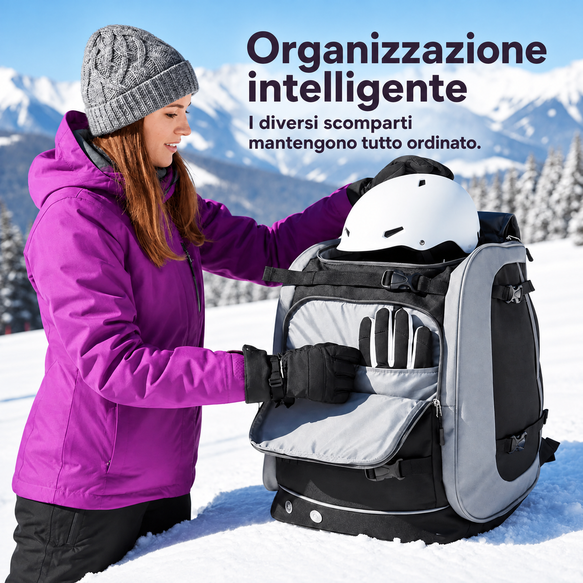 Zaino da sci 65L | Borsa per scarponi da sci con scomparto per casco e scomparto per maschera | Tessuto Oxford, spallacc