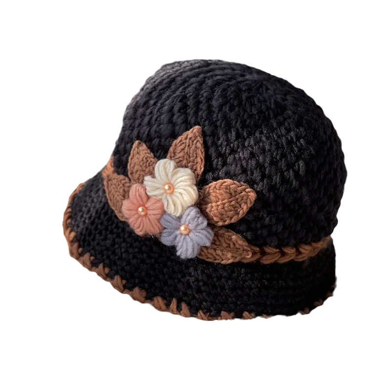 Cappello di lana lavorato a maglia a fiori spesso francese da donna