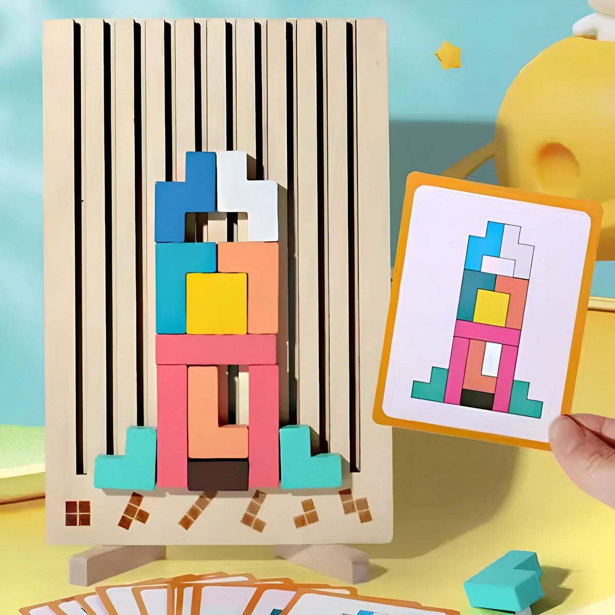 Puzzle impilabile Tetris in legno con carte sfida
