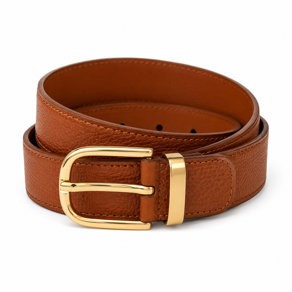 Cintura in pelle marrone con fibbia dorata vista frontale