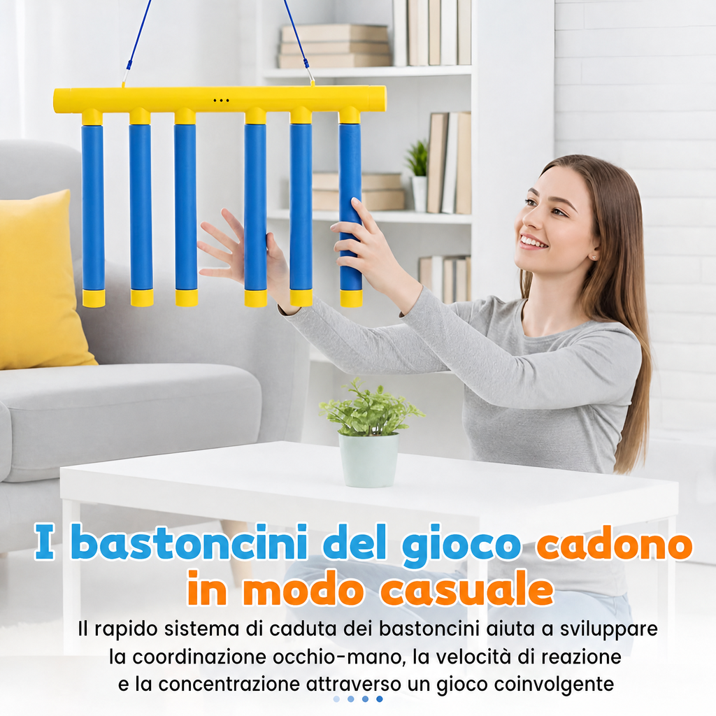 Gioco di riflessi per bambini, trainer di reazione con bastoncini cadenti, sfida a caduta