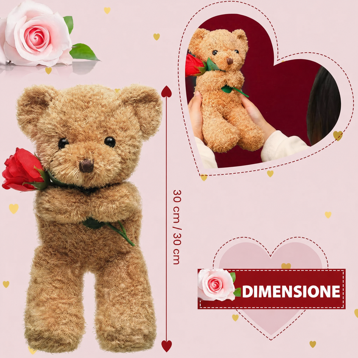 Peluches Orsetto di San Valentino Morbido con Rosa, Pupazzo Regalo