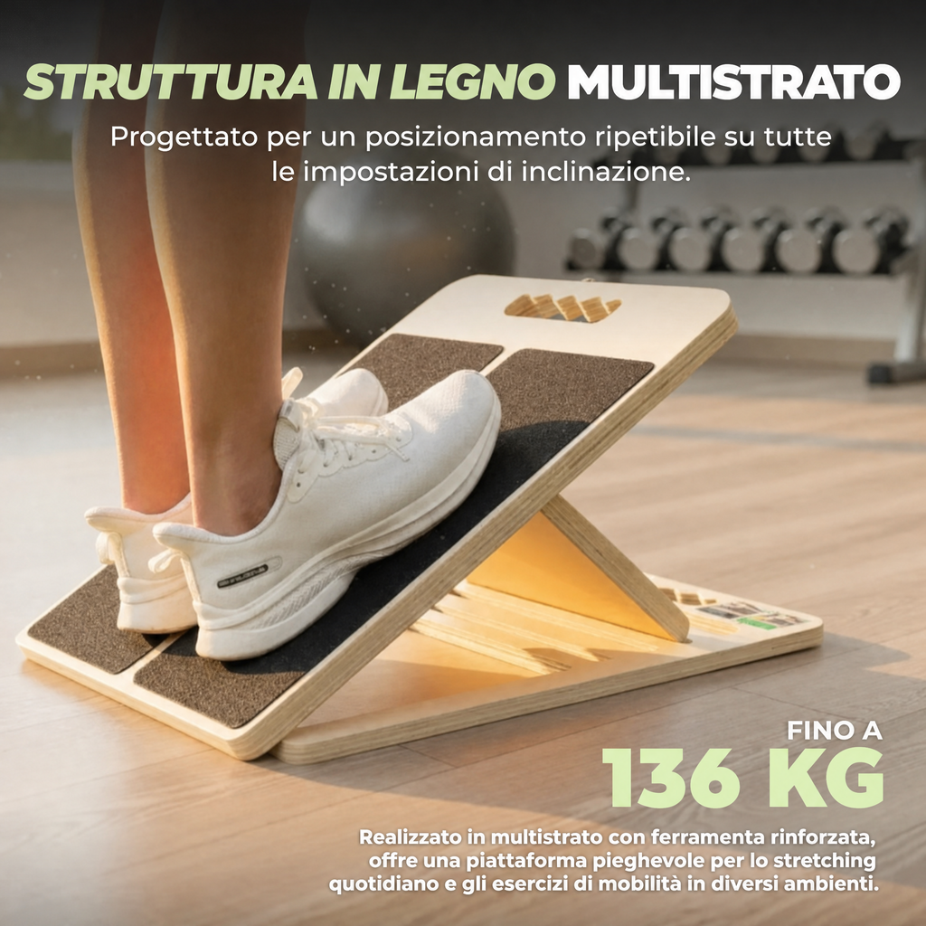 Tavoletta inclinata in legno regolabile a cinque livelli per stretching ed esercizi in inclinazione
