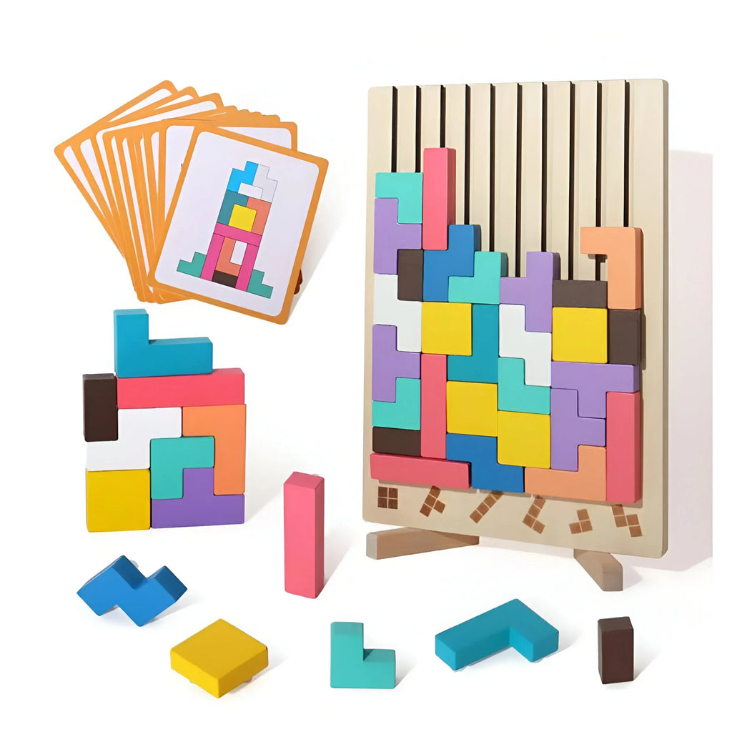 Puzzle impilabile Tetris in legno con carte sfida