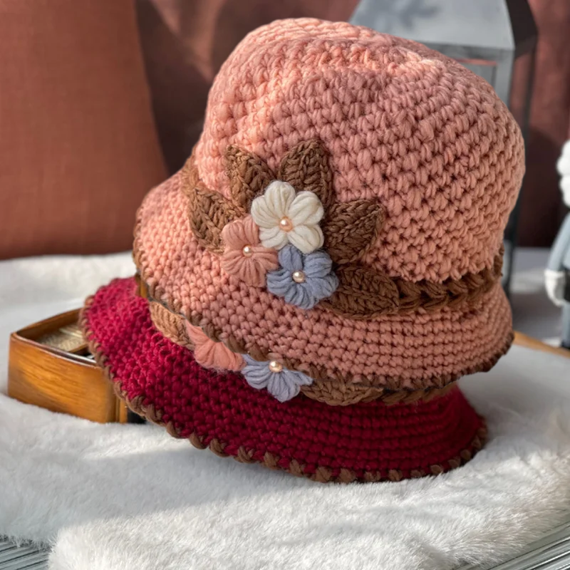 Cappello di lana lavorato a maglia a fiori spesso francese da donna