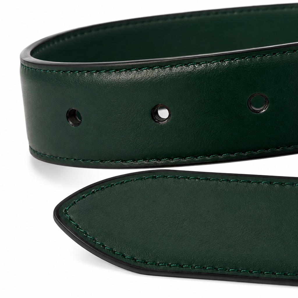 Cintura verde con fibbia dorata su sfondo bianco